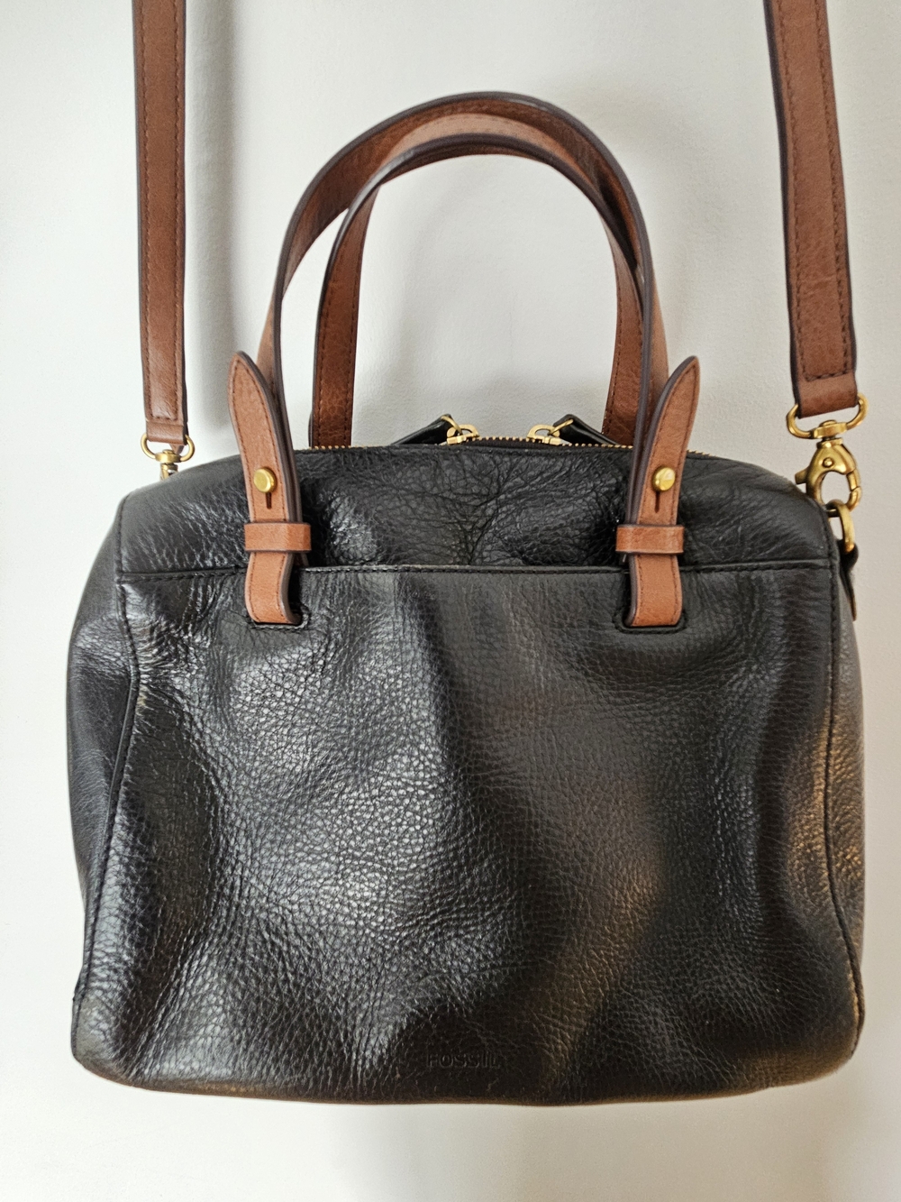 Fossil Sydney Black Leather Satchel Crossbody Bag With Cognac Brown Trim